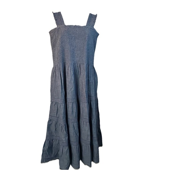 Lands End  Tiered Tank Maxi Smocked Square Neck Prarie Boho Chambray 14-16 - Picture 1 of 12